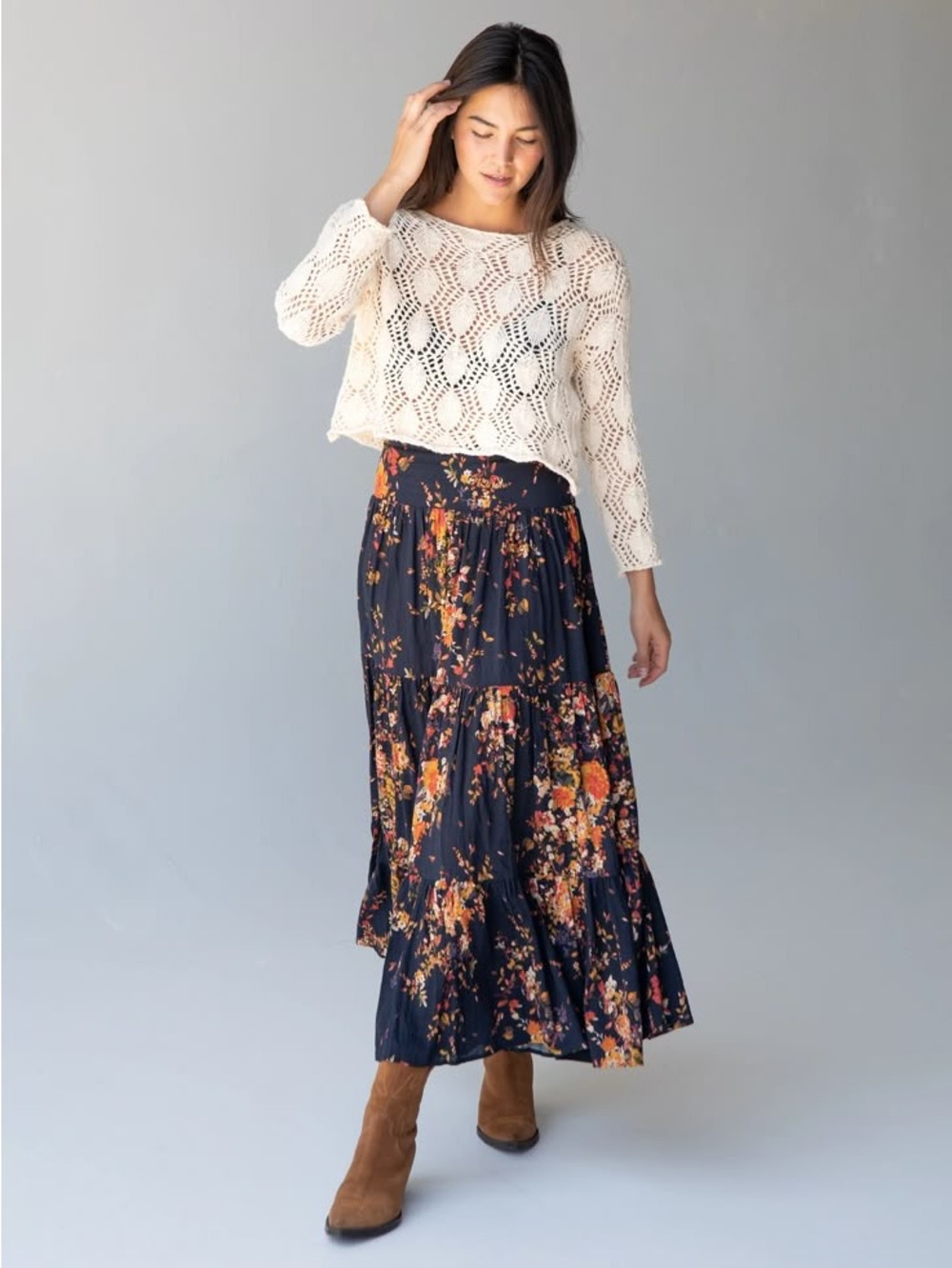 NATURAL LIFE Navy Floral Tiered Maxi Skirt